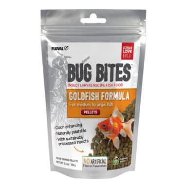 Bug Bites Goldfish Pellets fish food are formulated to address the natural, insect-based feeding habits of fish and include a balanced mix of premium proteins, vitamins and minerals for complete daily nutrition.