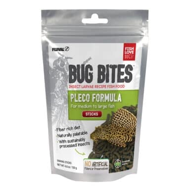 Bug Bites Pleco Sticks fish food are formulated to address the natural, insect-based feeding habits of fish and include a balanced mix of premium proteins, vitamins and minerals for complete daily nutrition.